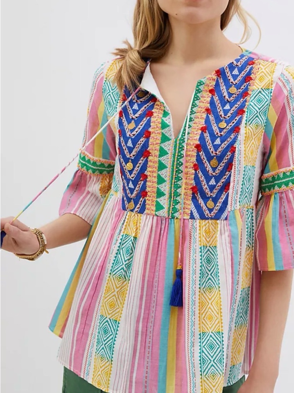 Anthropologie Embroidered Multicolor Stripe Peasant Top